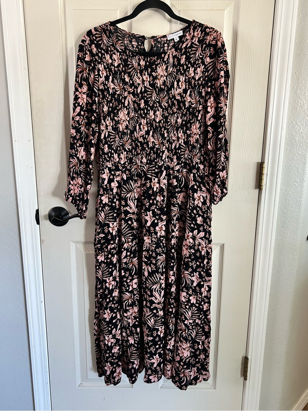 Baltic Born Womens Black Floral Leaf Midi Dress Smocked Fall Casual Going Out